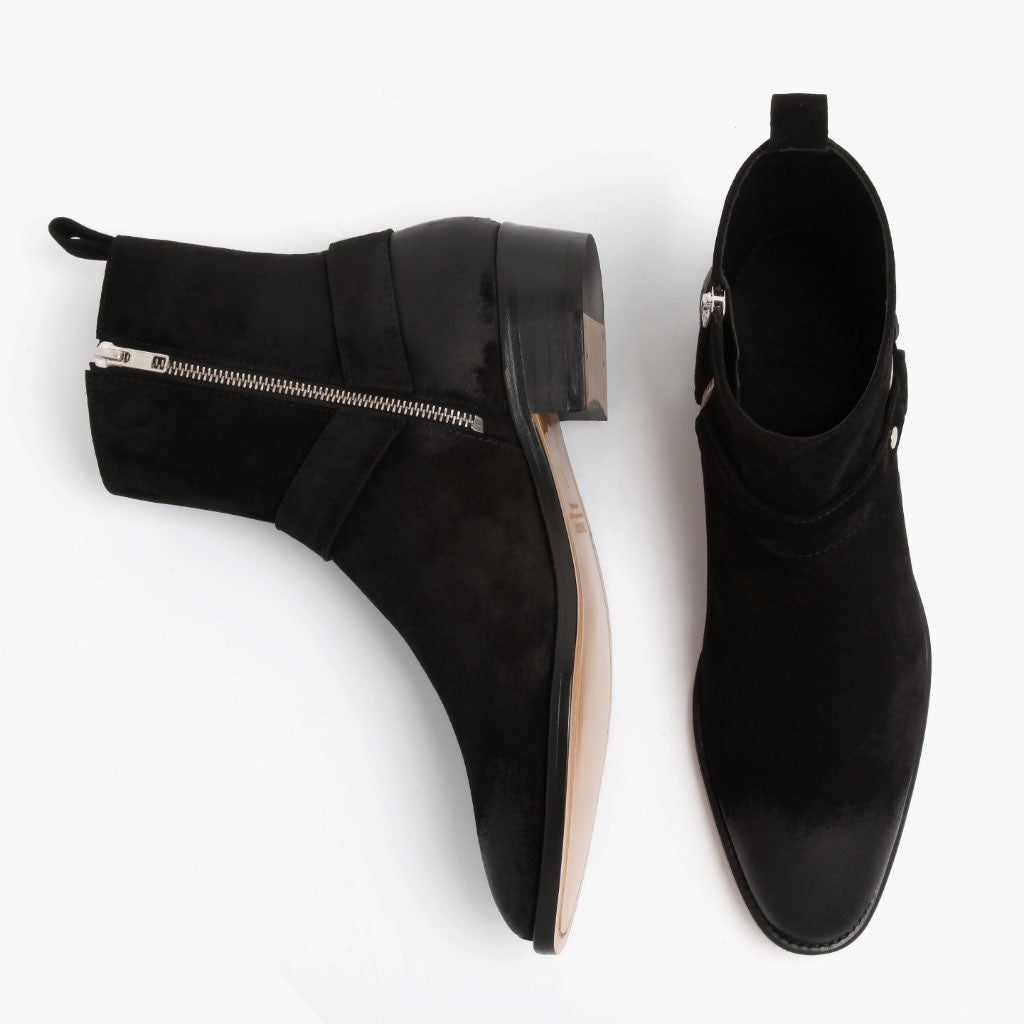 Harness أسود Suede أحذية بوت جلدية رجالي - دعامة الكعب المقواة وتفاصيل الخياطة المزدوجة الدقيقة