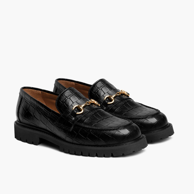 Penny أسود & Gold Croco Leather Loafers نسائي