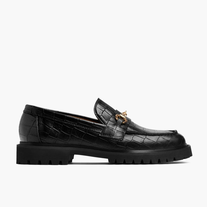 Penny أسود & Gold Croco Leather Loafers نسائي