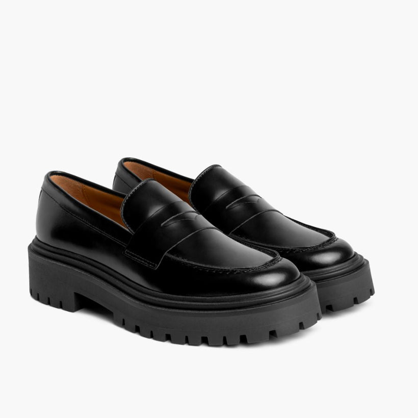 Penny Platform أسود Leather Loafers نسائي
