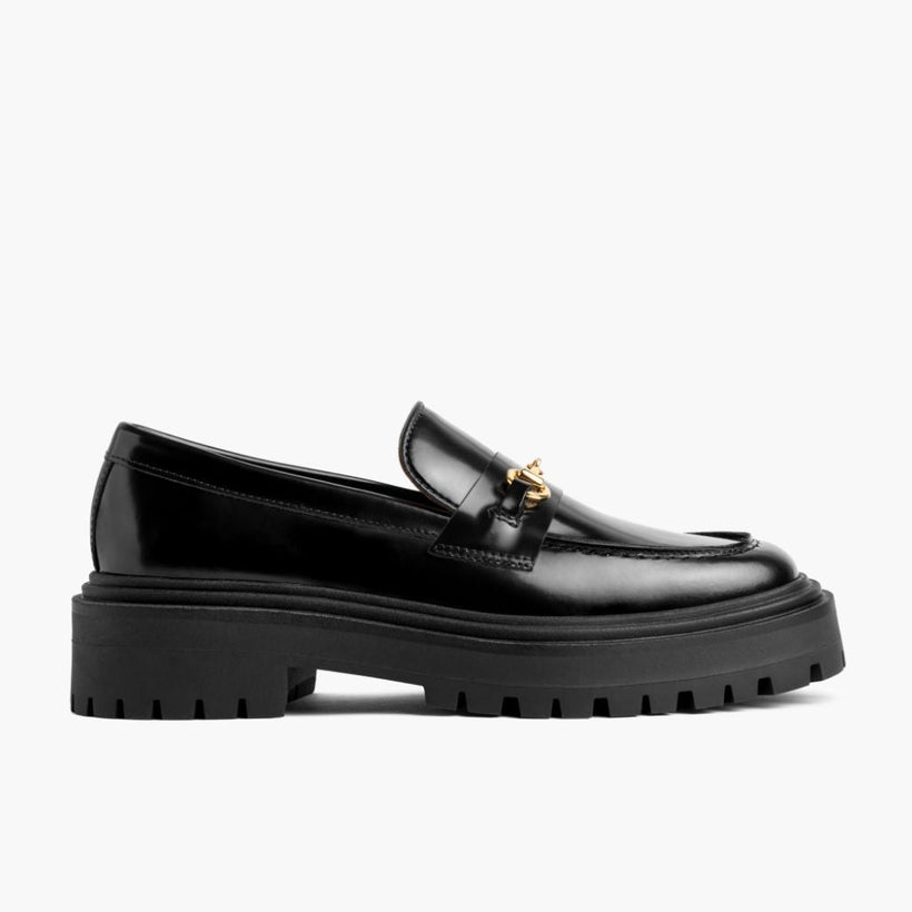 Penny Platform أسود & Gold Leather Loafers نسائي