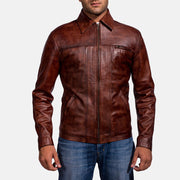 Men's Abstract عنابي جاكيت جلد رجالي in Distressed Brown Sheep Skin Burnishing - Front Profile View &amp; Tailored Silhouette | Buy Online