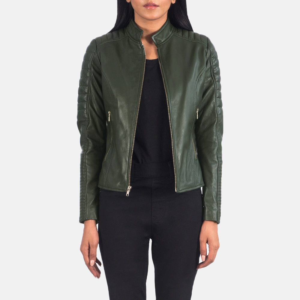 Women's Adalyn مبطن أخضر جاكيت بايكر جلد نسائي in Green Sheepskin Leather - Front Profile View &amp; Tailored Silhouette | Buy Online