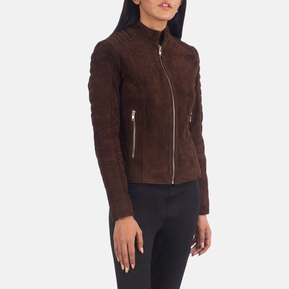 
Adalyn مبطن ومحاك Mocha Suede جاكيت بايكر جلد طبيعي نسائي - عرض خلفي يوضح تفصيل الأكتاف المتقن والحاشية النظيفة