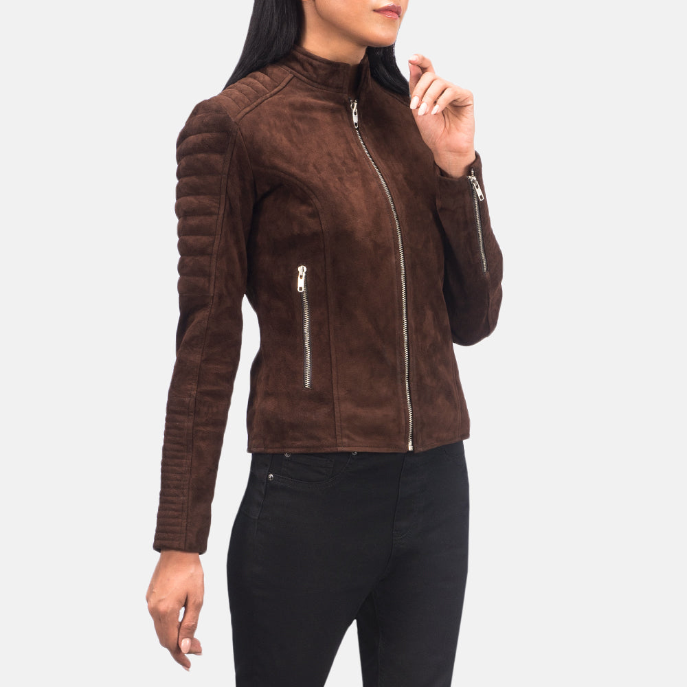 
Adalyn مبطن ومحاك Mocha Suede جاكيت بايكر جلد طبيعي نسائي - عرض جانبي يوضح قَصّة الأكمام المريحة