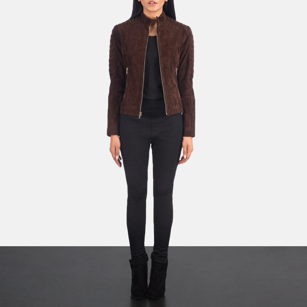 
تفاصيل مقربة of Band & Zipper Hardware on Adalyn مبطن ومحاك Mocha Suede جاكيت بايكر جلد طبيعي نسائي