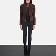 
تفاصيل مقربة of Band & Zipper Hardware on Adalyn مبطن ومحاك Mocha Suede جاكيت بايكر جلد طبيعي نسائي