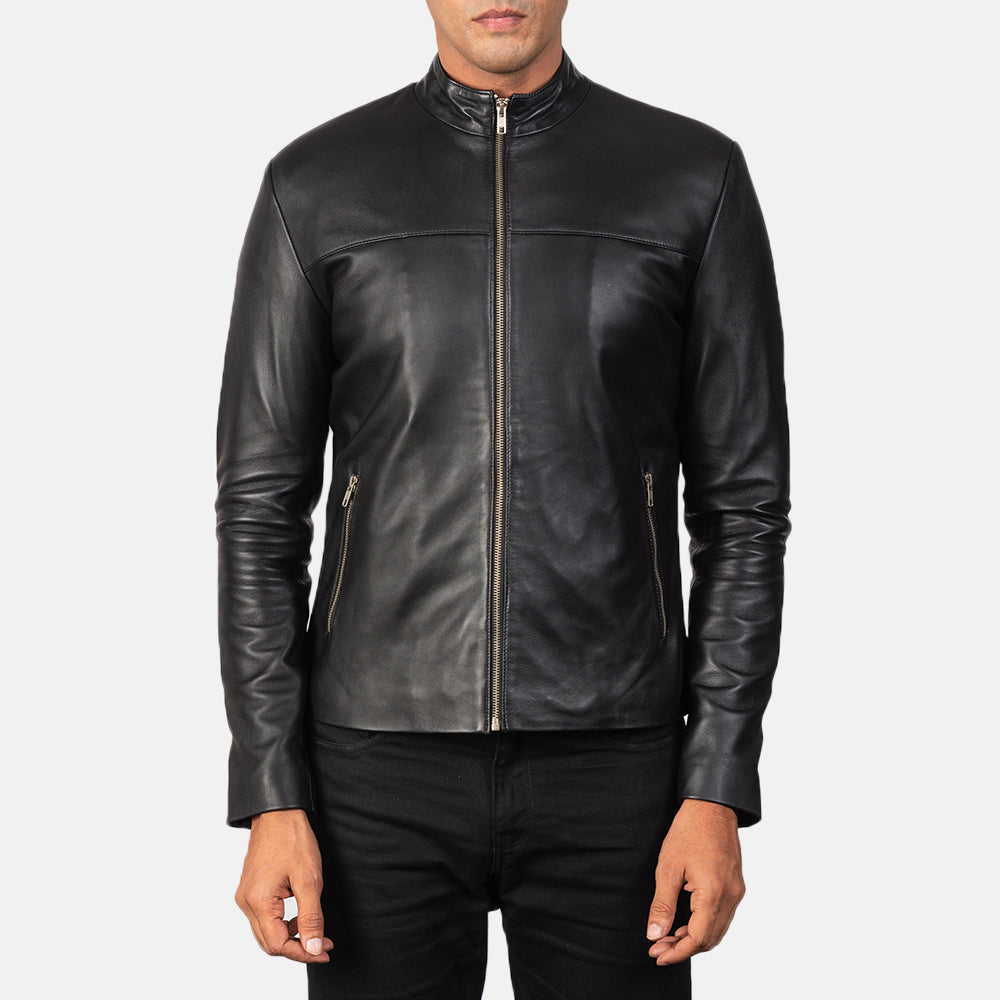 Men's Adornica أسود جاكيت بايكر جلد رجالي - Lateral Side Profile View Showing Sleeve Cut &amp; Athletic Taper Fit