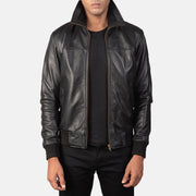 Men's Air Rolf أسود جاكيت بومبر جلد رجالي in Black Sheepskin Leather - Front Profile View &amp; Tailored Silhouette | Buy Online