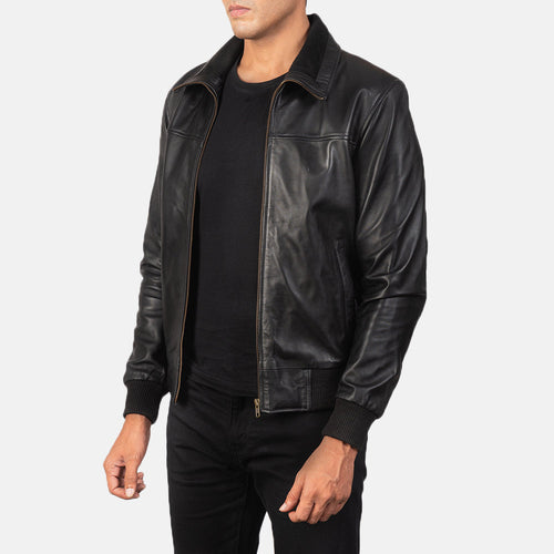 Black Sheepskin Leather Bomber Jacket - Back View Showing Tailored Shoulder Fit & Clean Hemline