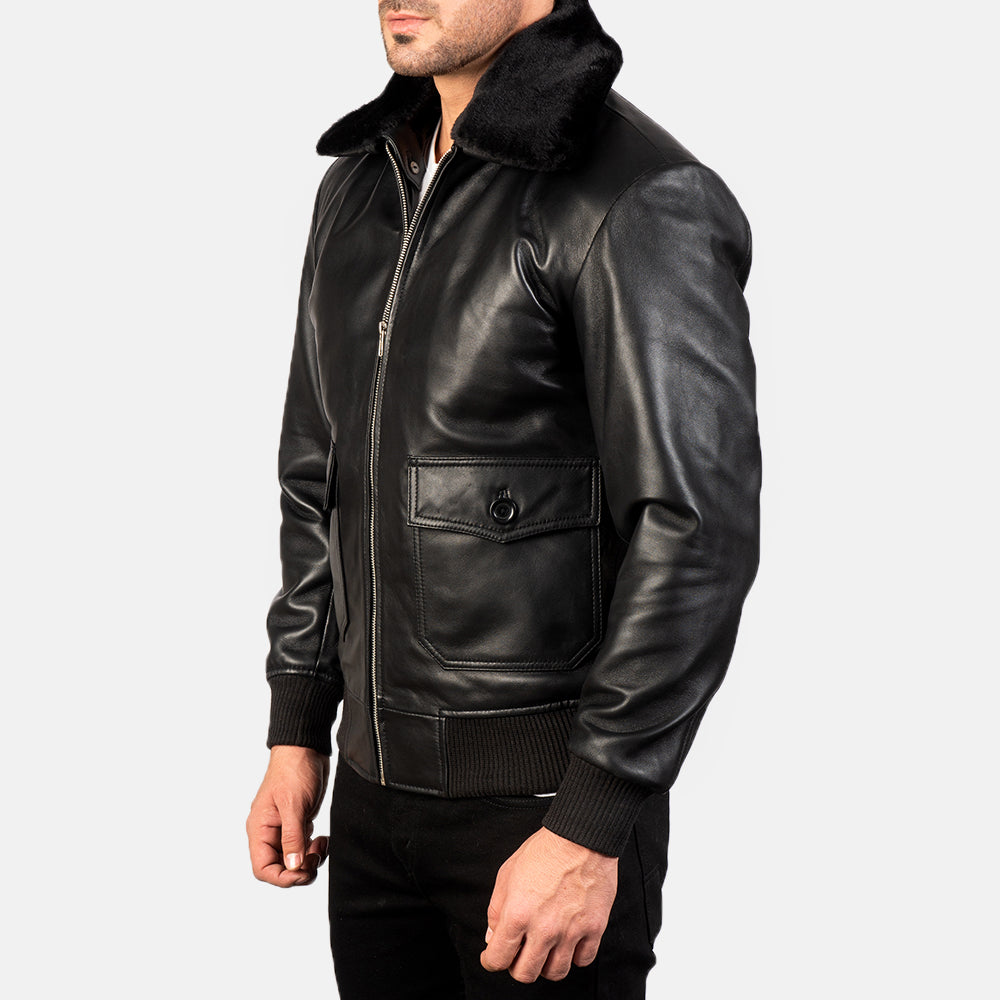 Black Sheepskin Leather Bomber Jacket - Back View Showing Tailored Shoulder Fit &amp; Clean Hemline