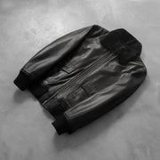Rib Knit &amp; Hem Craftsmanship Construction Detail on Men's Airin G-1 أسود جاكيت بومبر جلد رجالي