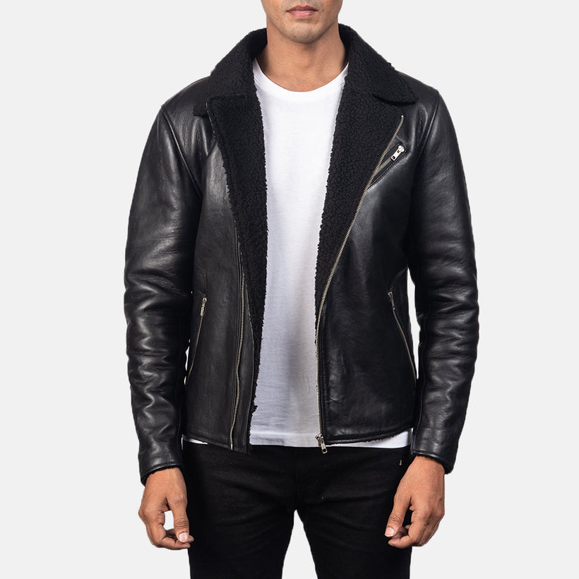 Alberto Shearling أسود جاكيت جلد رجالي