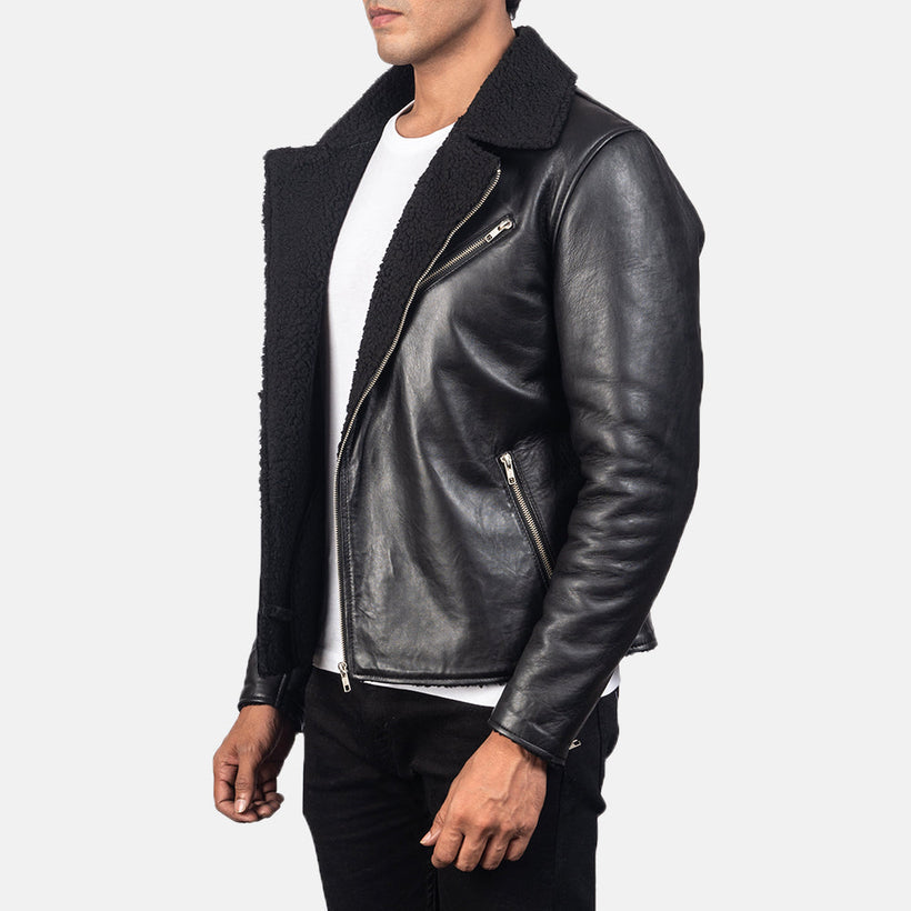 Alberto Shearling أسود جاكيت جلد رجالي