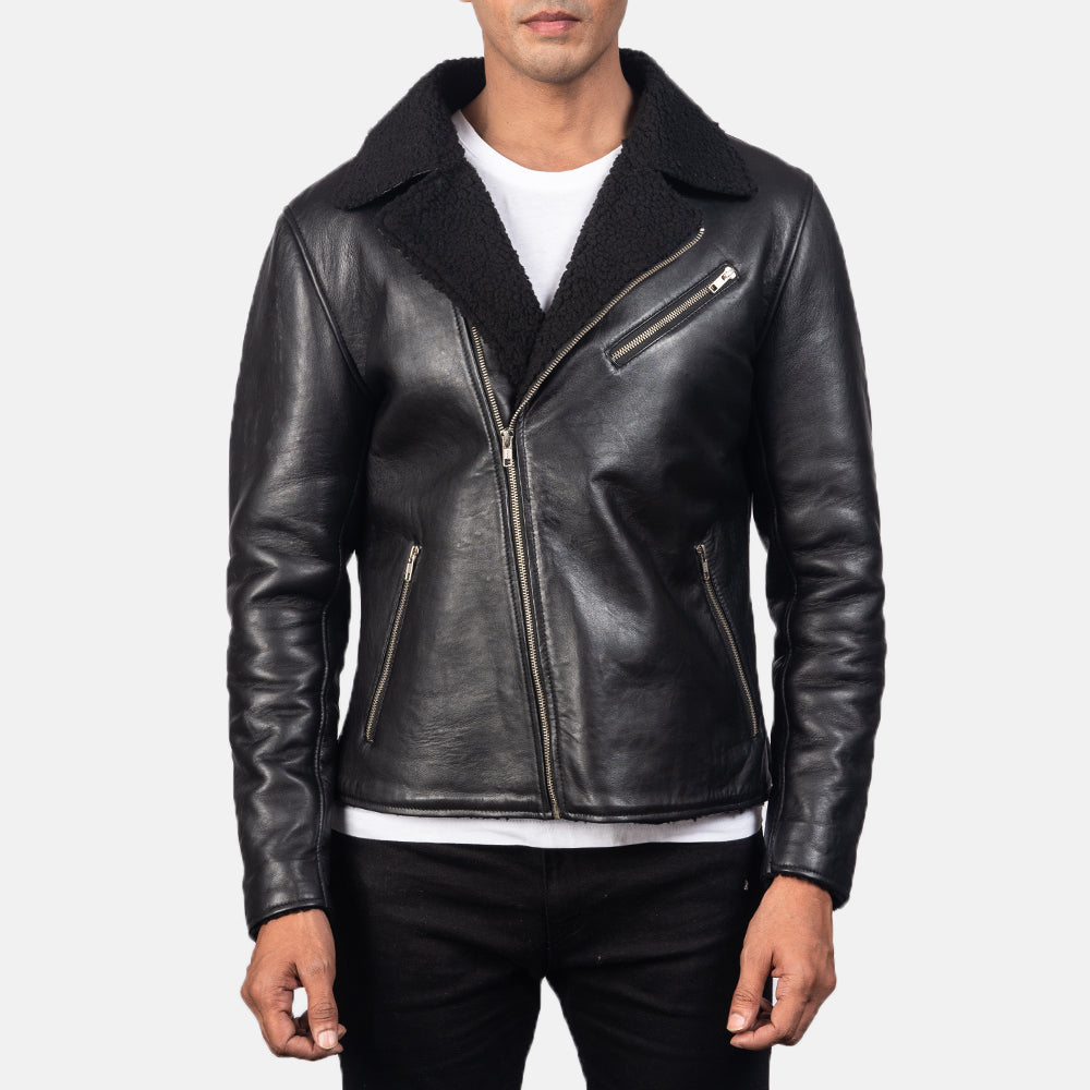 Men's Alberto Shearling أسود جاكيت جلد رجالي - Lateral Side Profile View Showing Sleeve Cut &amp; Athletic Taper Fit