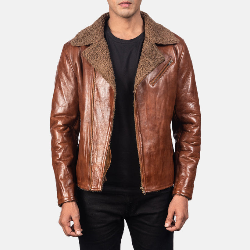 Alberto Shearling بني جاكيت جلد رجالي