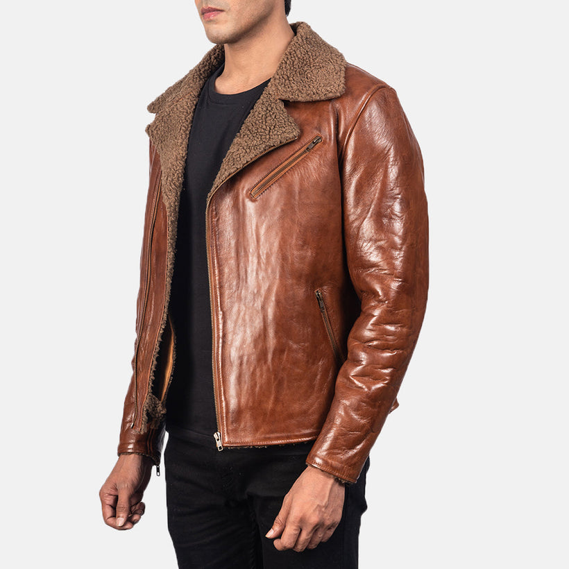 Alberto Shearling بني جاكيت جلد رجالي