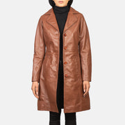 Women's Alexis بني Single Breasted معطف جلد نسائي in Brown Cowhide Leather - Front Profile View &amp; Tailored Silhouette | Buy Online