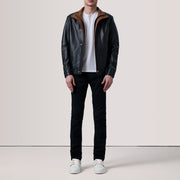 
Brown Sheepskin Leather Bomber Jacket - عرض خلفي يوضح تفصيل الأكتاف المتقن والحاشية النظيفة