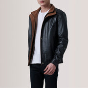 
تفاصيل مقربة of Shirt & Zipper with placket Hardware on Alfred Brown Leather Bomber Jacket For Men