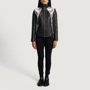
تفاصيل مقربة of High Neck & Zipper Hardware on Alia Metallic أسود جاكيت بايكر جلد طبيعي نسائي