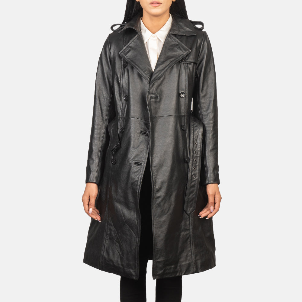 Women's Alice Black Double Breasted Leather Coat - Lateral Side Profile View Showing Sleeve Cut &amp; Athletic Taper Fit