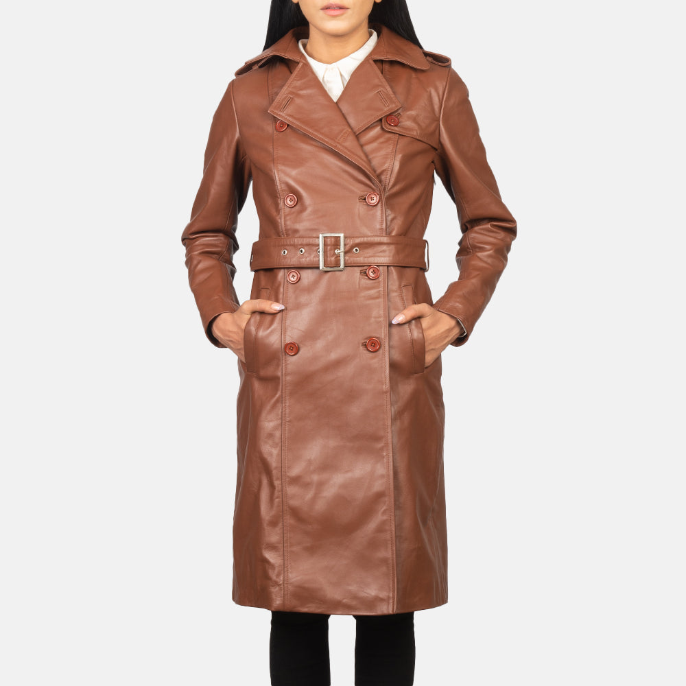 Women's Alice بني Double Breasted معطف جلد نسائي - Lateral Side Profile View Showing Sleeve Cut &amp; Athletic Taper Fit