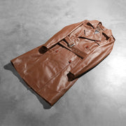 Styled Fit Perspective of Women's Alice بني Double Breasted معطف جلد نسائي on Model - Natural Daylight Drape