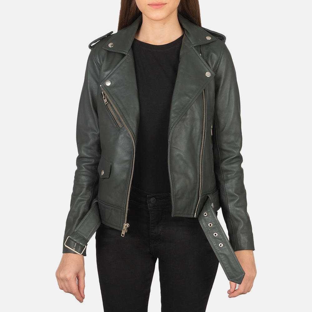 Women's Alison أخضر جاكيت بايكر جلد نسائي in Green Sheepskin Leather - Front Profile View &amp; Tailored Silhouette | Buy Online