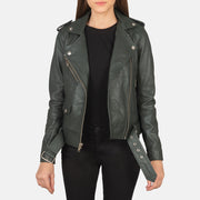 Women's Alison أخضر جاكيت بايكر جلد نسائي in Green Sheepskin Leather - Front Profile View &amp; Tailored Silhouette | Buy Online