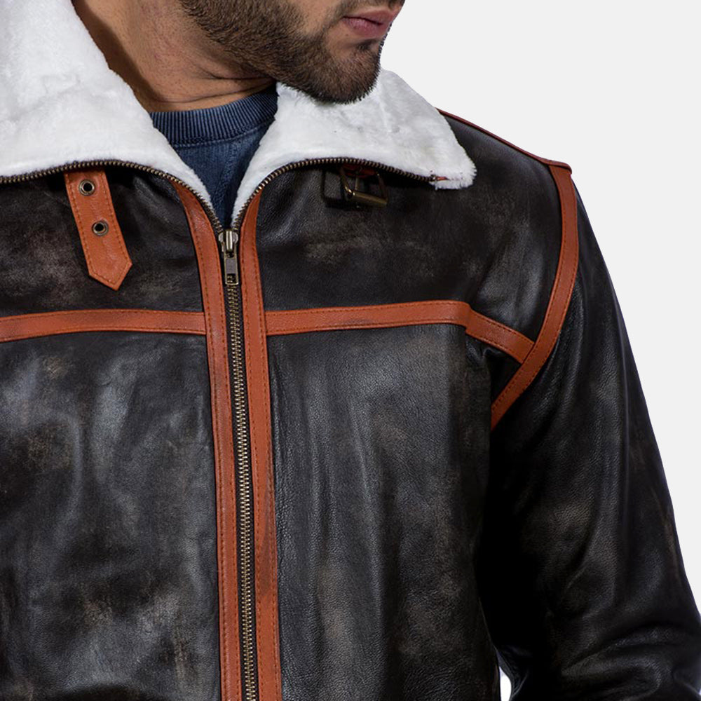 Men's Alpine بني Fur جاكيت جلد رجالي - Lateral Side Profile View Showing Sleeve Cut &amp; Athletic Taper Fit