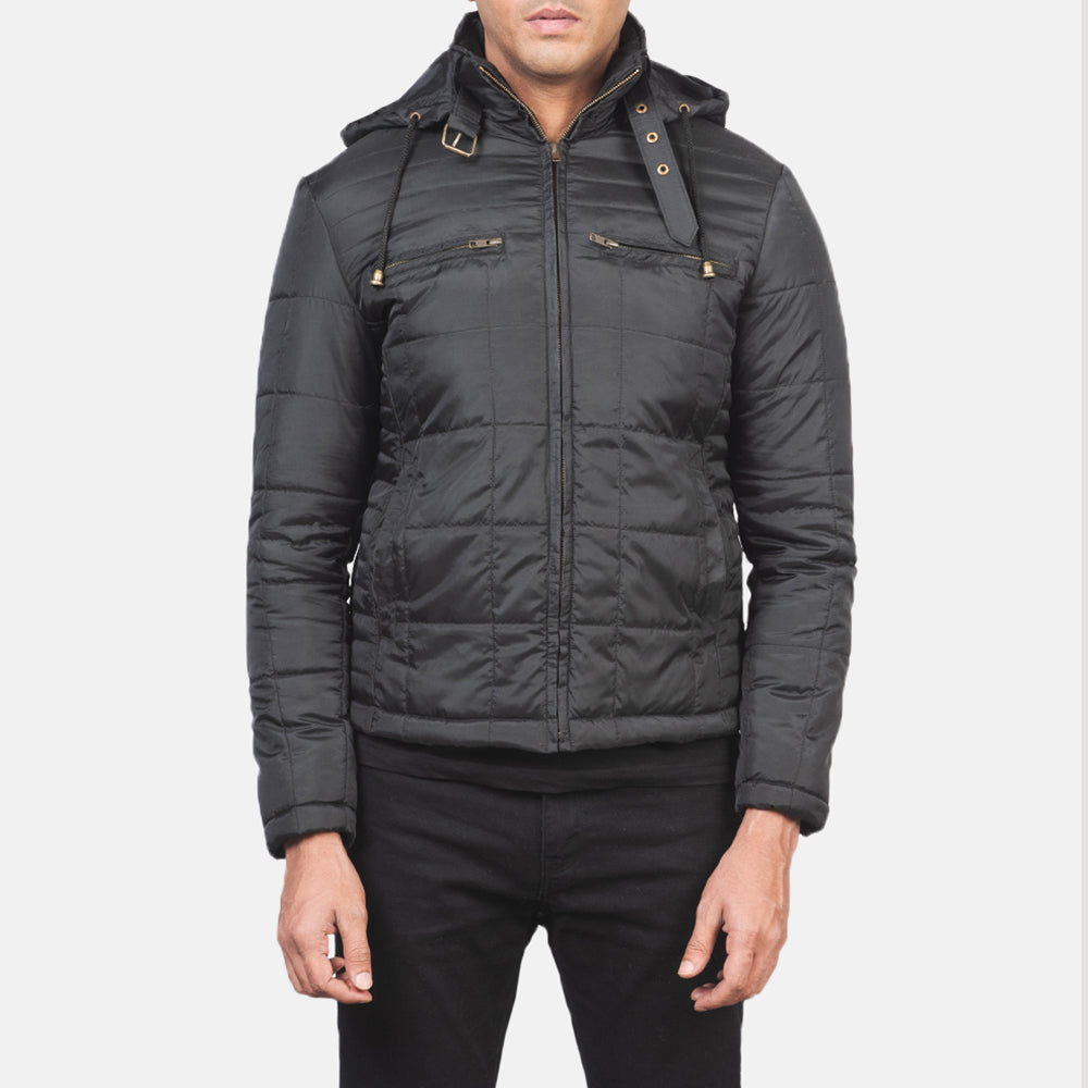 Close-Up Detail of High neck with Belt &amp; Zipper Hardware on Men's Alps Quilted Black Windbreaker Jacket