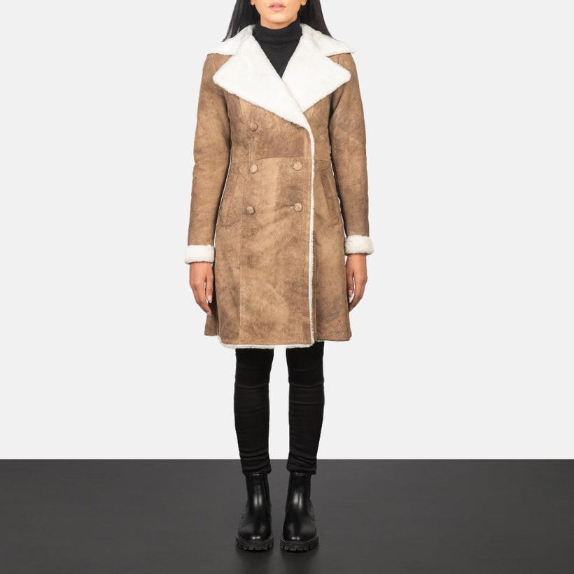 Amie Distressed بني Double-Breasted Shearling معطف جلد نسائي