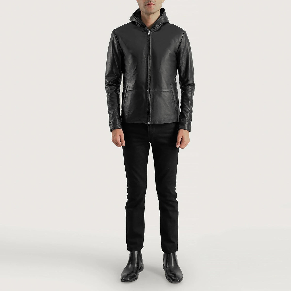 Close-Up Detail of Hooded &amp; Zipper Hardware on Men's Andy Matte أسود Hooded جاكيت جلد رجالي
