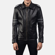 Armstrong أسود جاكيت بايكر جلد رجالي in Black Cowhide Leather - Front Profile View &amp; Tailored Silhouette | Buy Online