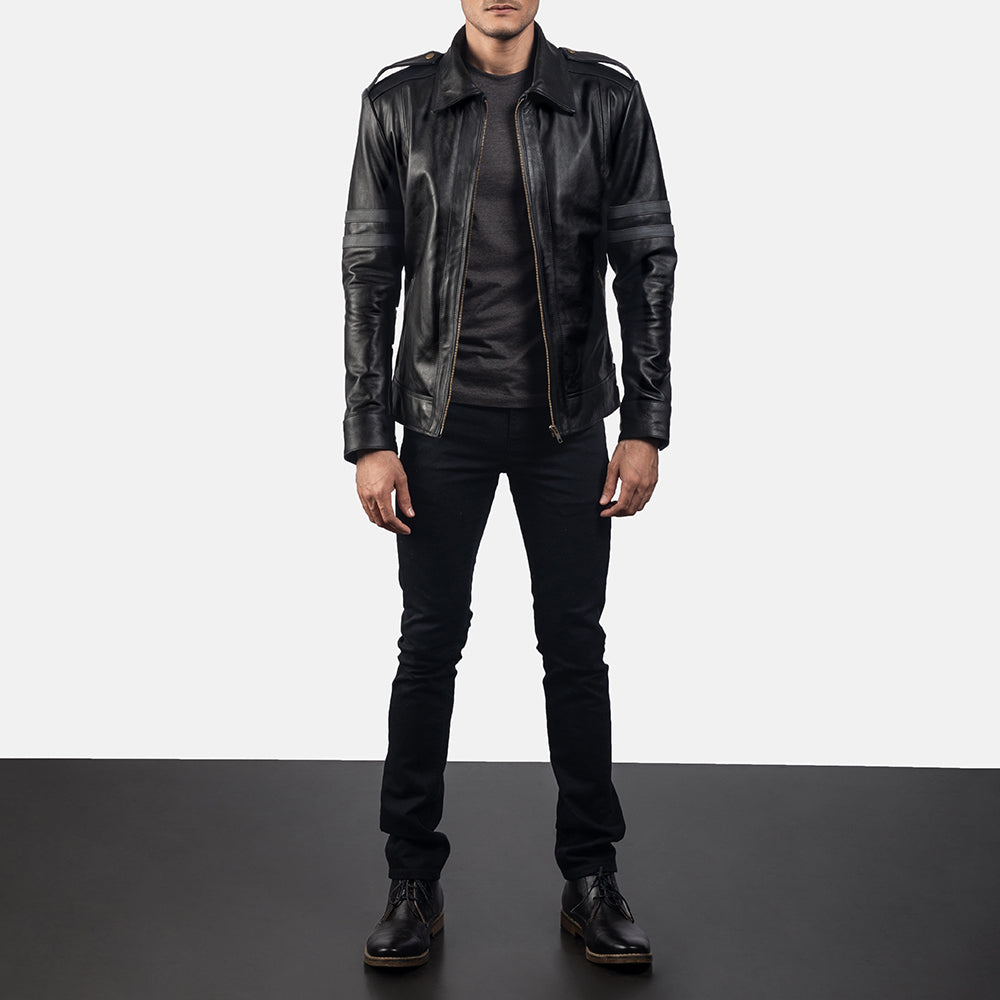 Armstrong أسود جاكيت بايكر جلد رجالي - Lateral Side Profile View Showing Sleeve Cut &amp; Athletic Taper Fit