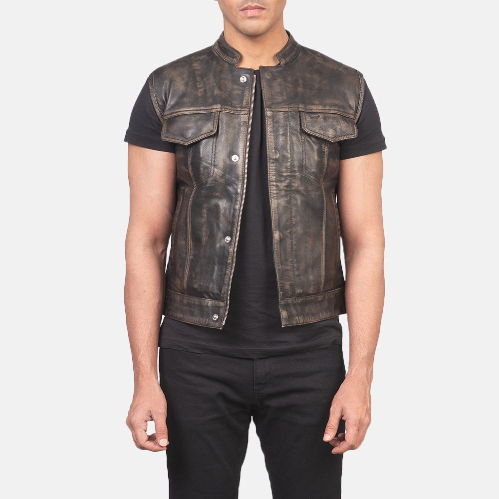 
Atlas Moto Distressed بني صديري جلد رجالي in Distressed Brown Sheepskin Leather - عرض أمامي وقَصّة مفصلة أنيقة | شراء أونلاين عبر المتجر الرسمي