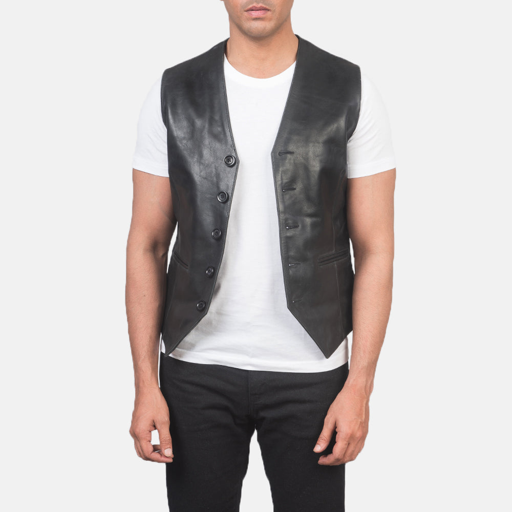 Men's Auden أسود صديري جلد رجالي in Black Cowhide Leather - Front Profile View &amp; Tailored Silhouette | Buy Online