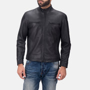 Austere Matte أسود جاكيت بايكر جلد رجالي in Black Calfskin Matte - Front Profile View &amp; Tailored Silhouette | Buy Online