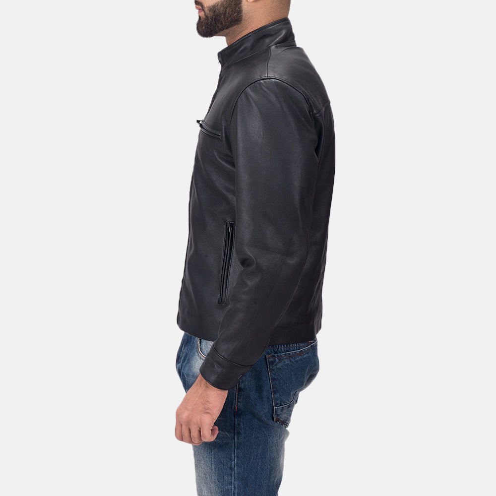 Austere Matte أسود جاكيت بايكر جلد رجالي - Lateral Side Profile View Showing Sleeve Cut &amp; Athletic Taper Fit
