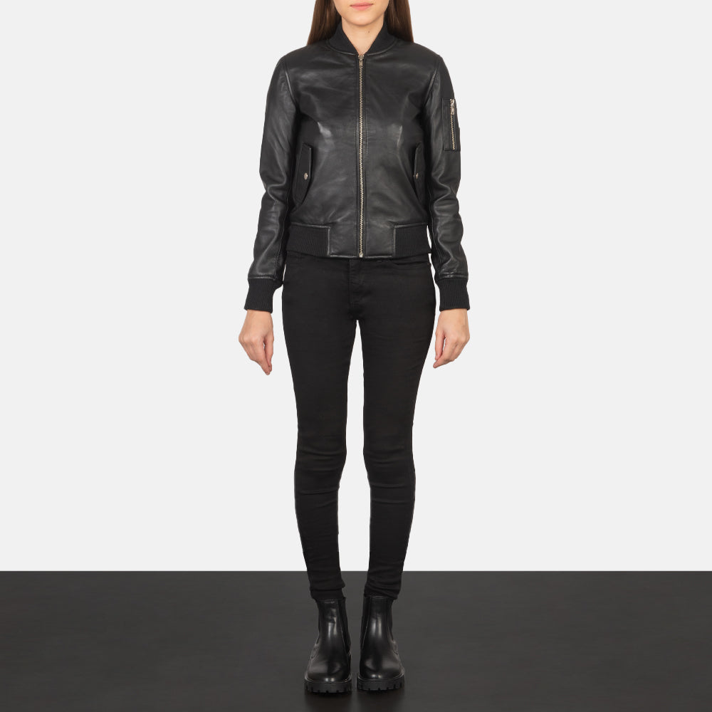 Women's Ava Ma-1 Black Leather Bomber Jacket - Lateral Side Profile View Showing Sleeve Cut &amp; Athletic Taper Fit