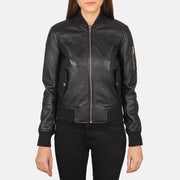 Close-Up Detail of Rib Knit &amp; Zipper Hardware on Women's Ava Ma-1 Black Leather Bomber Jacket