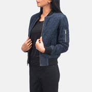 Blue Sheepskin Suede Bomber Jacket - Back View Showing Tailored Shoulder Fit &amp; Clean Hemline