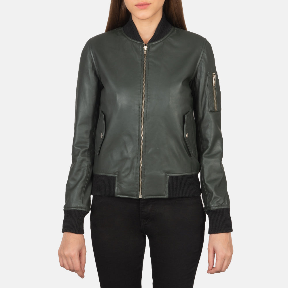 Close-Up Detail of Rib Knit &amp; Zipper Hardware on Ava Ma-1 Green Leather Bomber Jacket