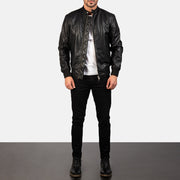 Avan Black Leather Bomber Jacket - Lateral Side Profile View Showing Sleeve Cut &amp; Athletic Taper Fit