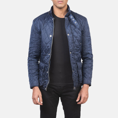 Men's Barry Quilted Blue Windbreaker Jacket in Blue Nylon - Front Profile View & Tailored Silhouette | Buy Online