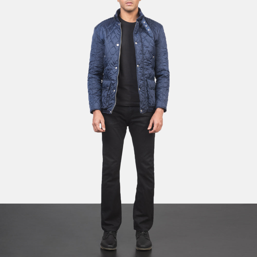 Close-Up Detail of Belted Band &amp; Button Hardware on Men's Barry مبطن أزرق Windbreaker جاكيت جلد رجالي