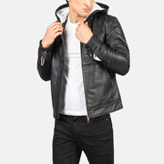
Baston Black Hooded Leather Bomber Jacket in Black Sheepskin Leather - عرض أمامي وقَصّة مفصلة أنيقة | شراء أونلاين عبر المتجر الرسمي
