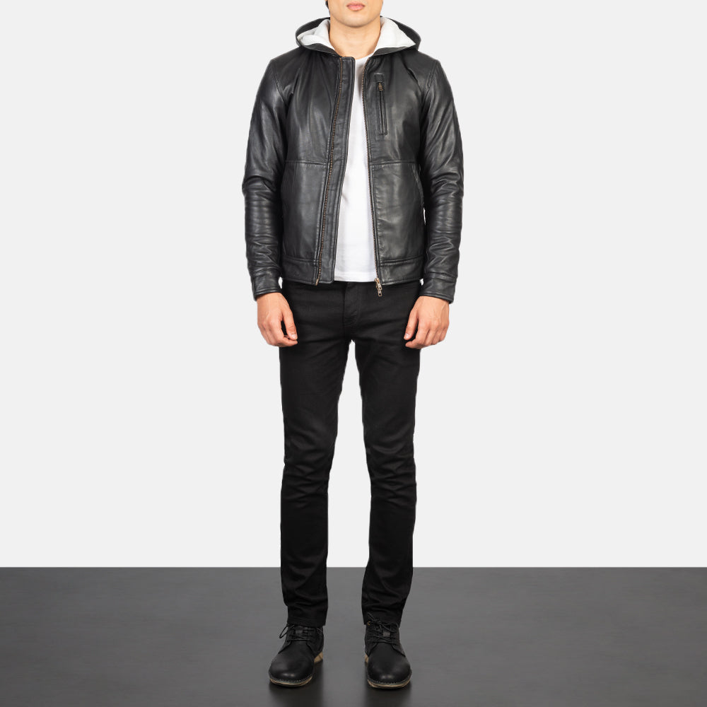 
Baston Black Hooded Leather Bomber Jacket - عرض جانبي يوضح قَصّة الأكمام المريحة