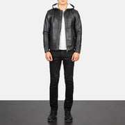 
Baston Black Hooded Leather Bomber Jacket - عرض جانبي يوضح قَصّة الأكمام المريحة